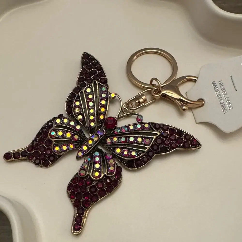 Gold Iridescent Butterfly Charm Keychain - Red